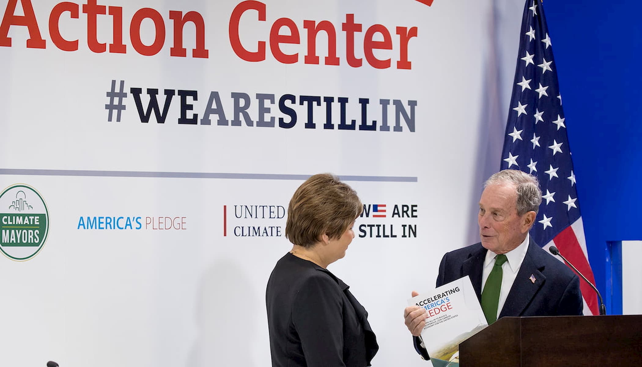 Mike Bloomberg joins executive secretary of the United Nations Framework Convention on Climate Change, Patricia Espinosa, during COP25 in Madrid, Dec. 2019.